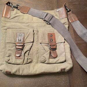 Mo & Co Army Green Canvas Leather Bag Purse Floral Inside Print